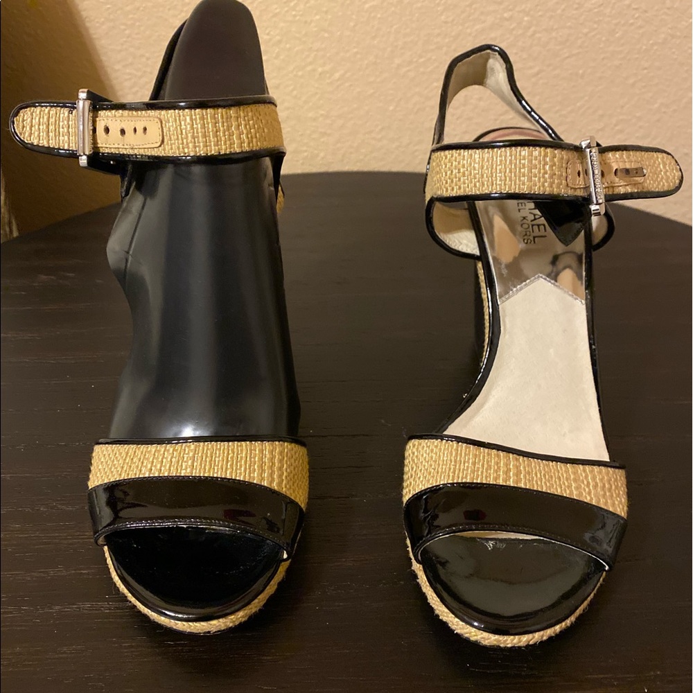 Micheal Kors straw and patent wedge heels